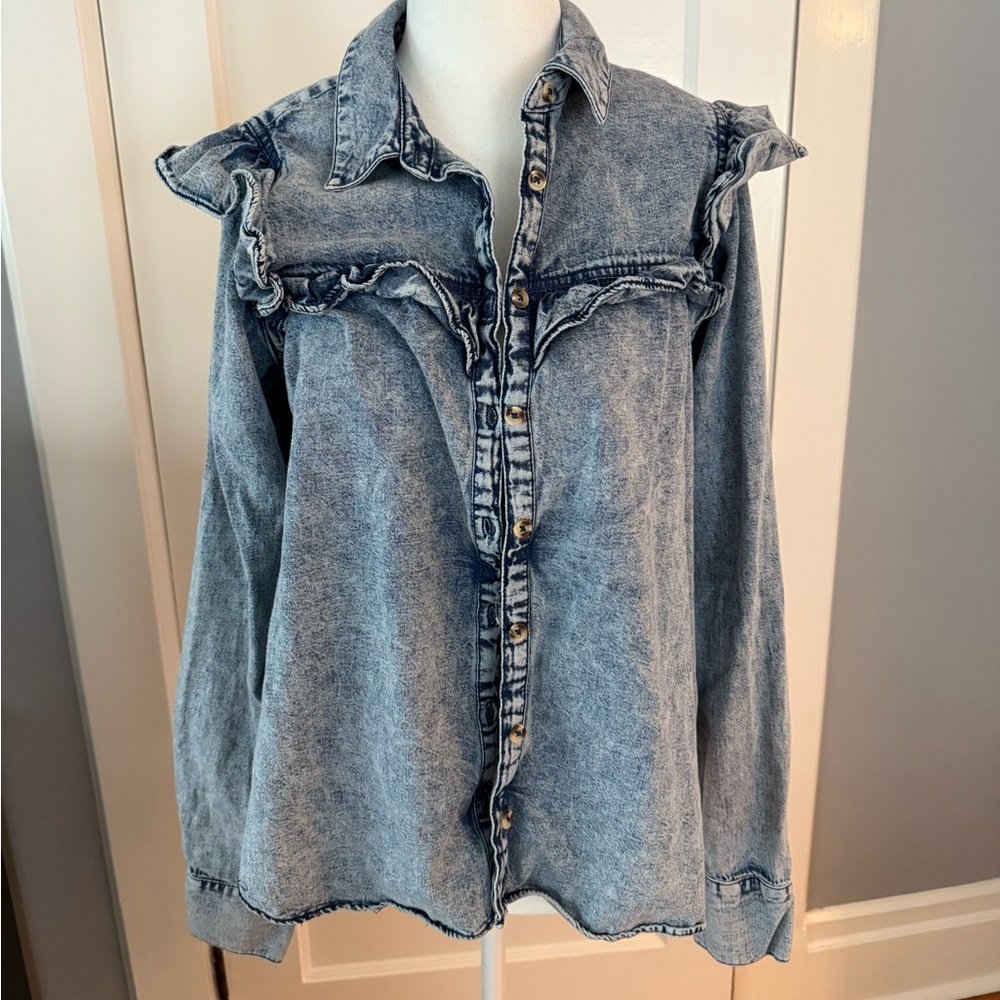 Free People Light Blue Denim Ruffle Jacket / Button Up